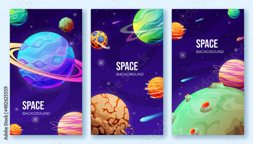 Collection space posters with 3d planets, comets and stars vector vertical background galaxy