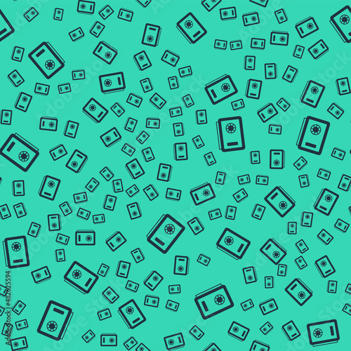 Black Safe icon isolated seamless pattern on green background. The door safe a bank vault with a combination lock. Reliable Data Protection. Vector