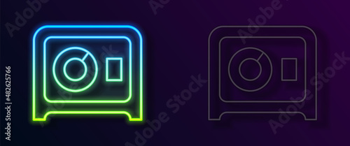 Glowing neon line Safe icon isolated on black background. The door safe a bank vault with a combination lock. Reliable Data Protection. Vector
