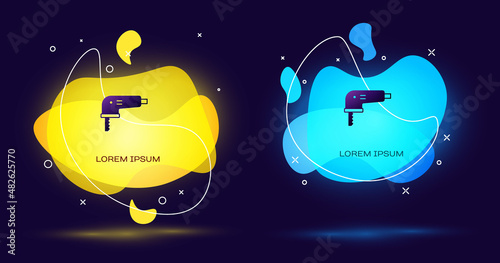 Black Electric jigsaw with steel sharp blade icon isolated on black background. Power tool for woodwork. Abstract banner with liquid shapes. Vector