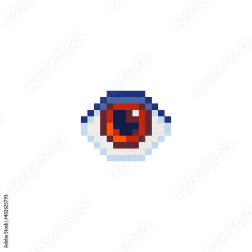 Brown Eye icon. Blue color. Pixel art style. Design application. 8-bit. Video game sprite. Game assets. Isolated abstract vector illustration.