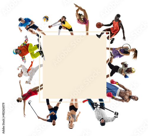 Sport collage about soccer  american football  basketball  volleyball  tennis  rugby  handball players with balls isolated on white background with copy space