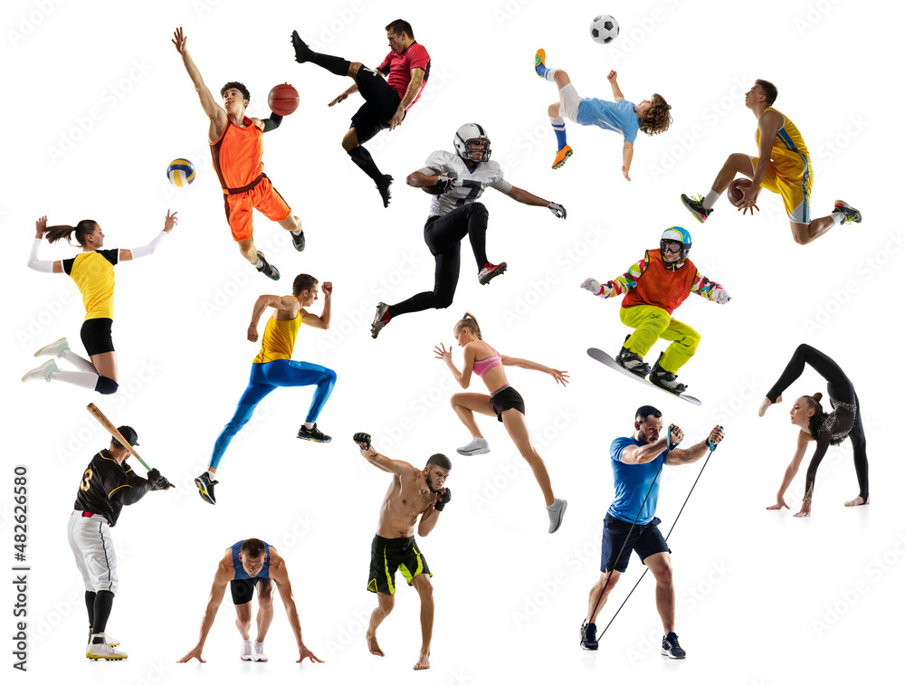 Sport collage about soccer, american football, basketball, volleyball, tennis, rugby, handball players with balls isolated on white background with copy space