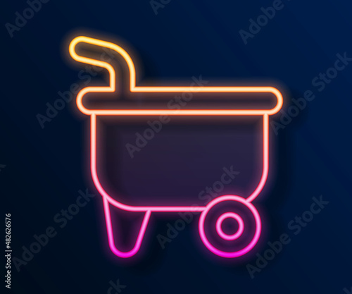 Glowing neon line Wheelbarrow icon isolated on black background. Tool equipment. Agriculture cart wheel farm. Vector