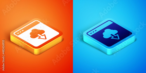 Isometric Cloud technology data transfer and storage icon isolated on orange and blue background. Vector