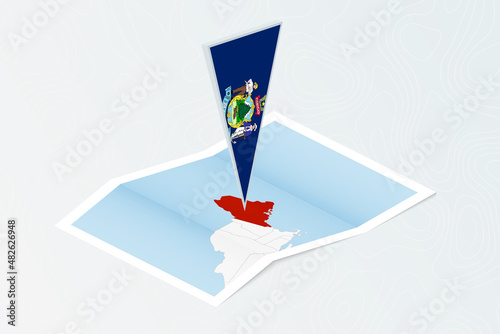 Isometric paper map of Maine with triangular flag of Maine in isometric style. Map on topographic background. photo