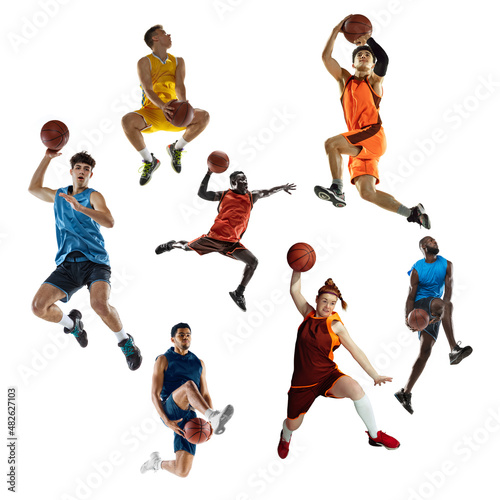 Sport collage about multi ethnic sportsmen, basketball players playing with balls isolated on white background with copy space