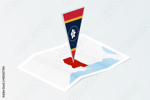 Isometric paper map of Mississippi with triangular flag of Mississippi in isometric style. Map on topographic background.