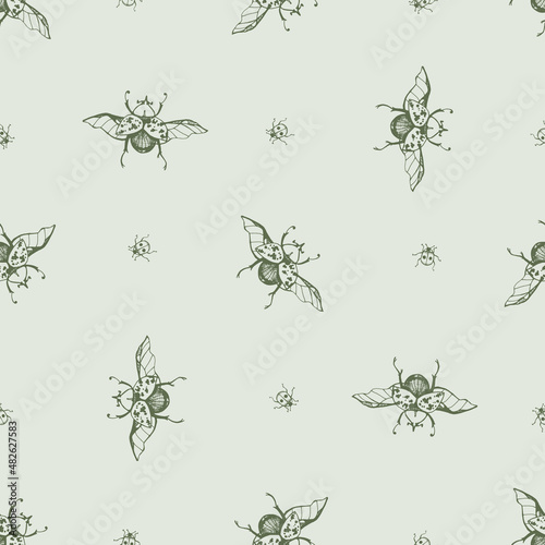 Vector seamless pattern with hand drawn Giraffe beetle and ladybug for print. Naturalness of nature, beautiful beetle, ecology. Green colors.