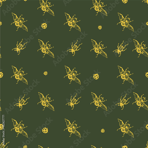 Vector seamless pattern with hand drawn Giraffe beetle and ladybug for print. Naturalness of nature, beautiful beetle, ecology. Green and yellow colors. photo