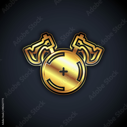 Gold Medieval shield with crossed axes icon isolated on black background. Battle axe, executioner axe. Vector