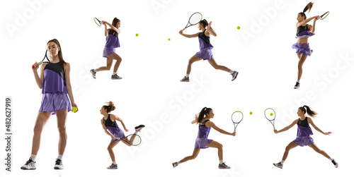 Collage with young woman, tennis player playing tennis isolated on white background. Healthy lifestyle, sport, action. © master1305