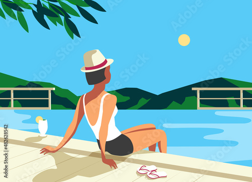 Girl relax in tourist resort swimming pool vector. Moutains scenic view hand drawn background. Holiday vacation season travel leisure cartoon. Summer recreation luxury hotel poolside rest illustration