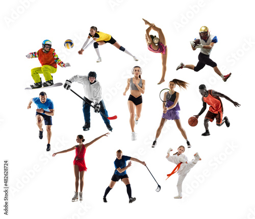 Fototapeta Naklejka Na Ścianę i Meble -  Sport collage about soccer, american football, basketball, volleyball, tennis, rugby, handball players with balls isolated on white background with copy space