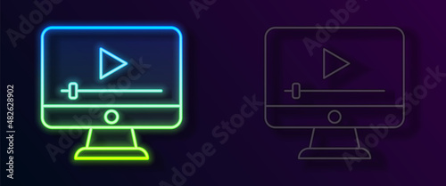 Glowing neon line Online play video icon isolated on black background. Film strip with play sign. Vector photo