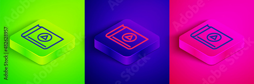 Isometric line Audio book icon isolated on green, blue and pink background. Play button and book. Audio guide sign. Online learning concept. Square button. Vector