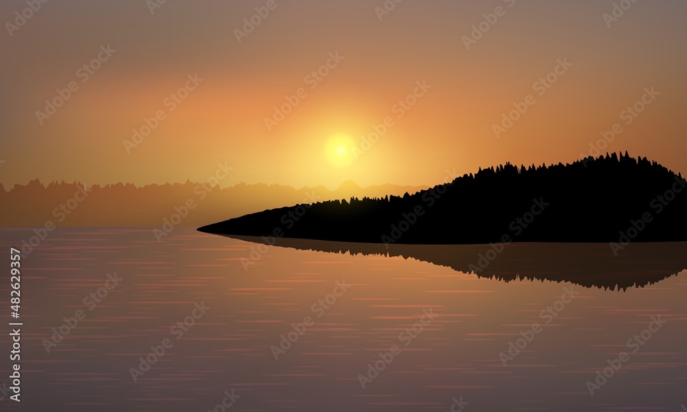 Fototapeta premium Beautiful golden sunset over the ocean with silhouette of the hill and reflections on the water surface.