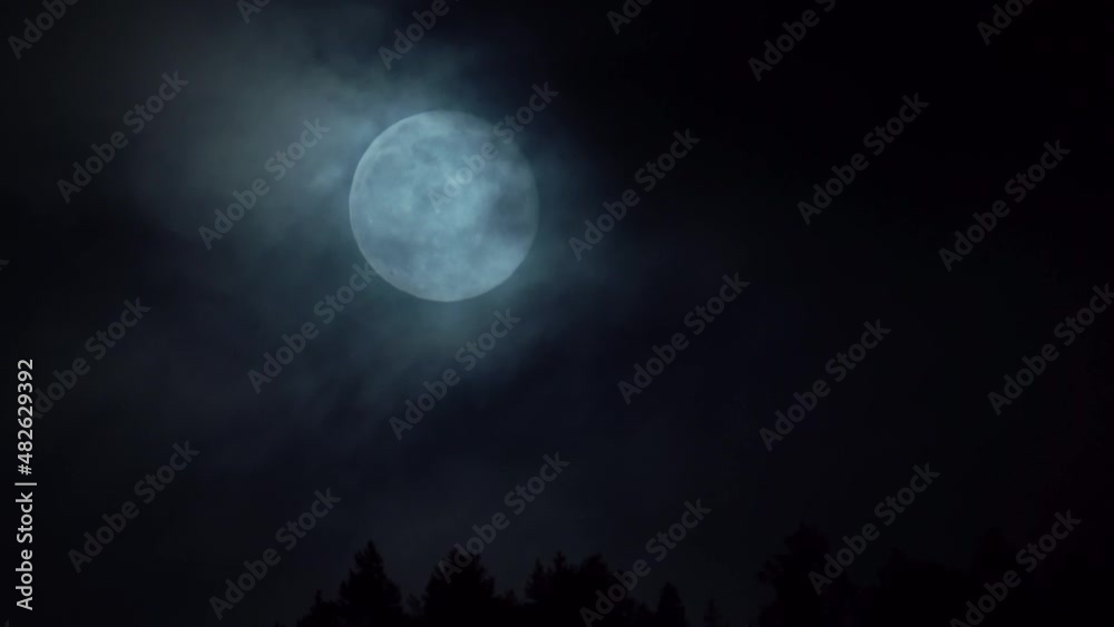 Amazing full moon rising above treetop silhouette with dark moody clouds passing in front