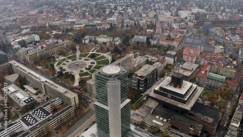 Aerial view of Slovak national bank and radio building in Bratislava on overcast day photo