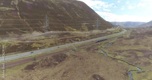 Left to Right aerial shot over the Highland Train Line looking south with a local train passing through frame. photo