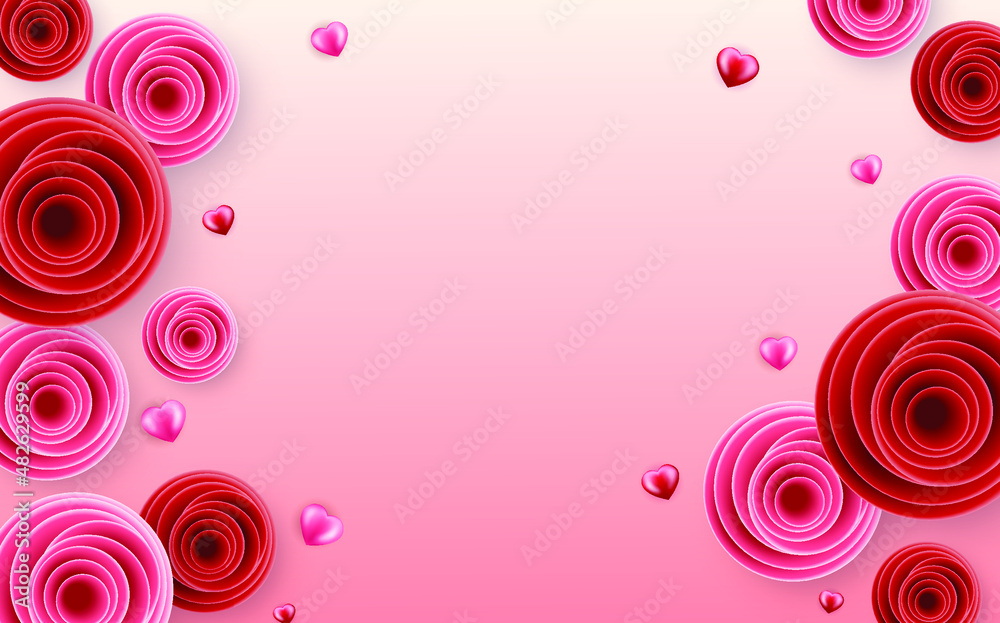 Happy valentine's day background, banner, wallpaper design. Pink and red roses background with hearts.