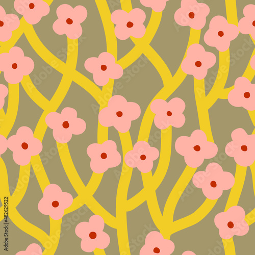 Cute floral pattern with abstract pink and yellow flowers on grey background. Stylish design for textile,wallpaper, design paper.