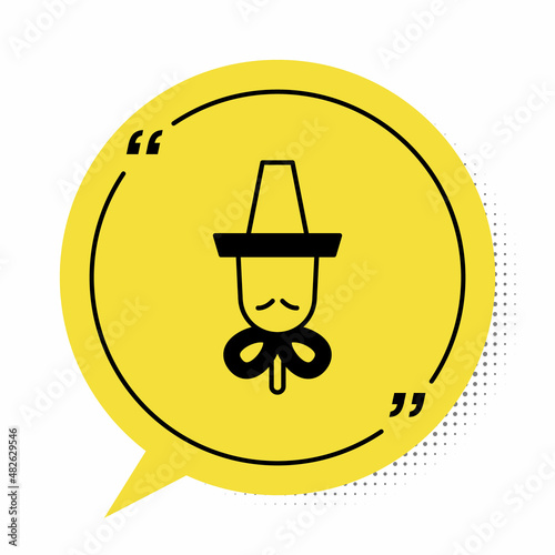 Black Traditional korean hat icon isolated on white background. Yellow speech bubble symbol. Vector