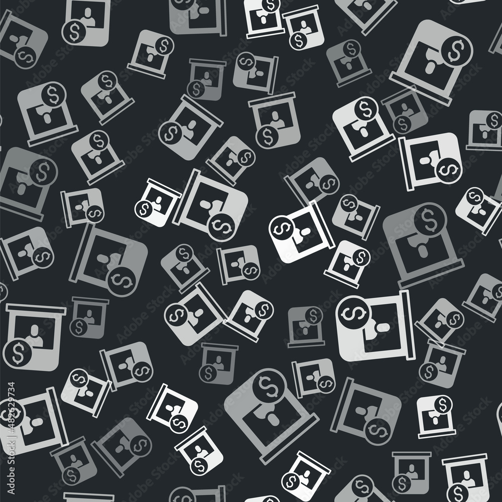 Grey Casino chips exchange on stacks of dollars icon isolated seamless pattern on black background. Vector