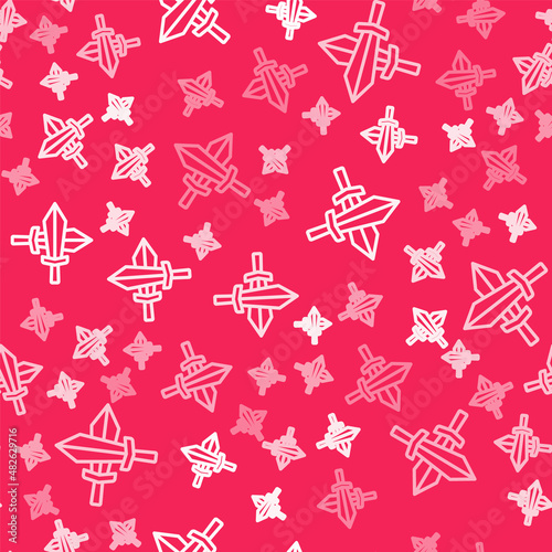 White line Sword for game icon isolated seamless pattern on red background. Vector