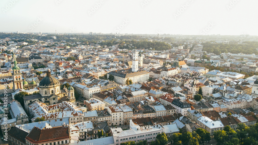 Aerial view of the central part of the old town European city Lviv, Ukraine