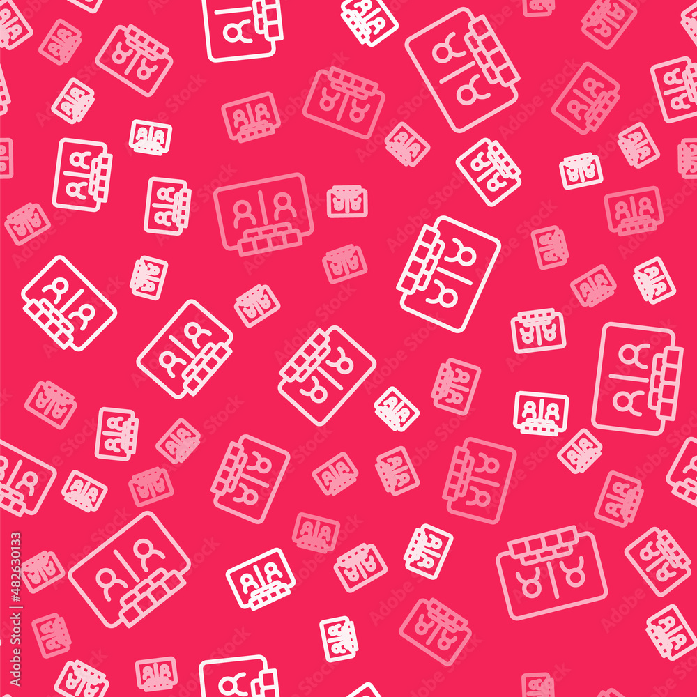 Fototapeta premium White line Video chat conference icon isolated seamless pattern on red background. Online meeting work form home. Remote project management. Vector