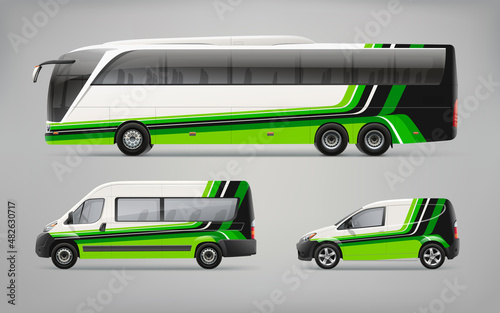 Side view Coach Bus, Passenger Van and Delivery Car realistic mockup with abstract graphics design. Business passenger transport with corporate green graphics of stripes