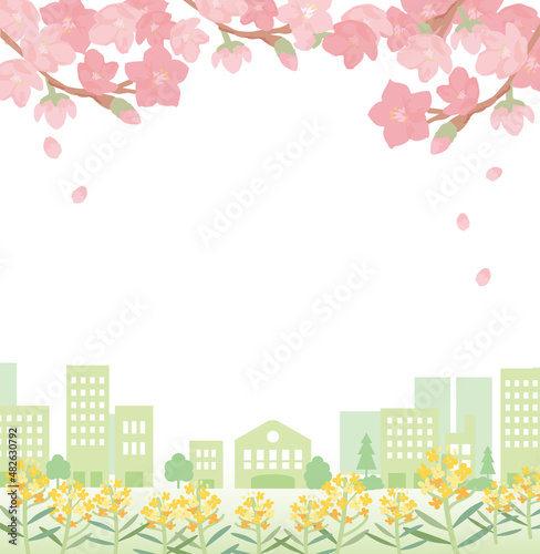 春の町並みと春の新生活＿グリーンビルと桜と菜の花イメージ