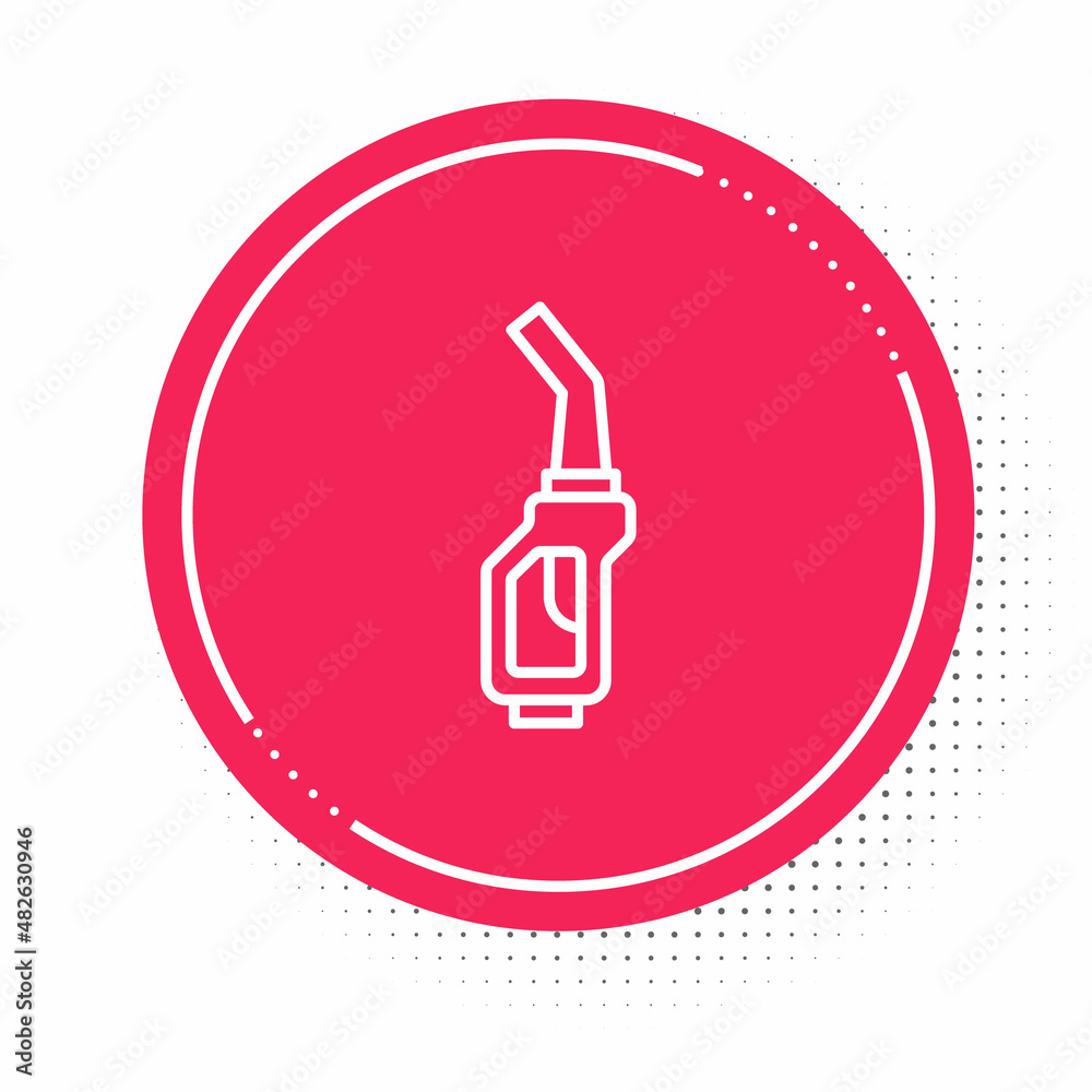 White line Gasoline pump nozzle icon isolated on white background. Fuel pump petrol station. Refuel service sign. Gas station icon. Red circle button. Vector White line Gasoline pump nozzle icon isolated on white background. Fuel pump petrol station. Refuel service sign. Gas station icon. Red circle button. Vector