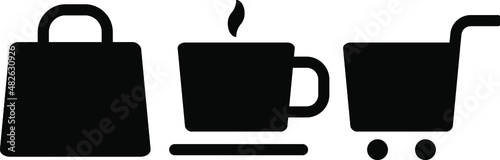 Shopping mall black and white vector icon, includes shopping bag, coffee hot drink cup and shopping cart
