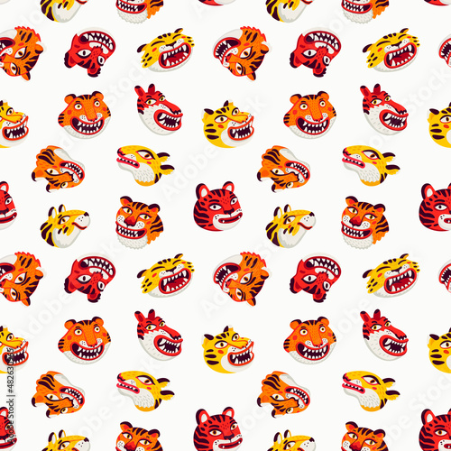 Tiger seamless pattern, vector animal print with cute tigers faces. Organic f...