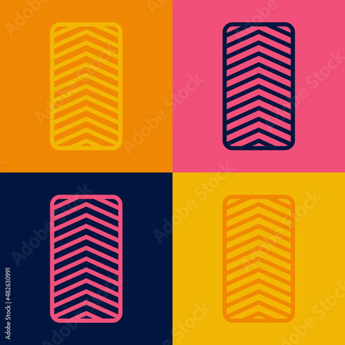 Pop art line Car tire wheel icon isolated on color background. Vector