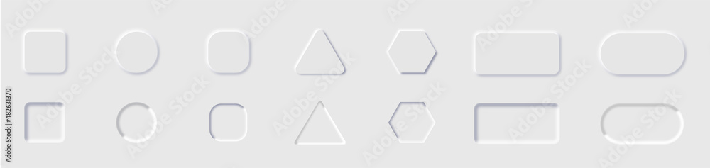 Neumorphic buttons set. 3D vector buttons. Geometric shapes: circle, square, .rectangle on white background with light shadows. UI Components Buttons, Bars, Switchers, Sliders. Stock vector. Neumorphic buttons set. 3D vector buttons. Geometric shapes: circle, square, .rectangle on white background with light shadows. UI Components Buttons, Bars, Switchers, Sliders. Stock vector.