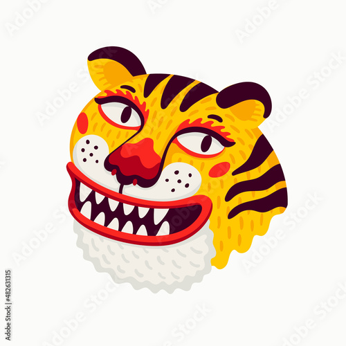 Tiger vector head, cartoon tiger funny face on white background.