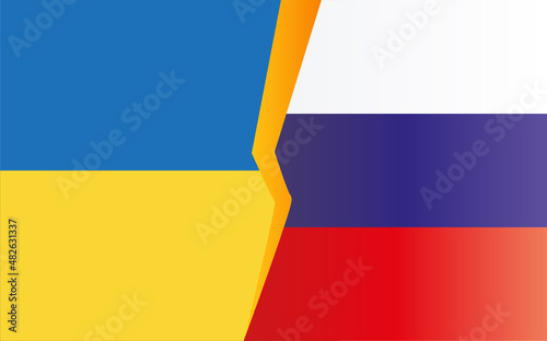 Bandera de Ucrania enfrentada a la bandera de Rusia. 