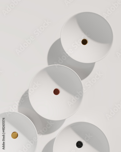 Slika na platnu 3d rendering of round white sinks and colour pop up waste on a white background