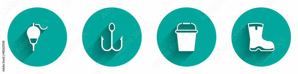 Set Fishing float, hook, bucket and boots icon with long shadow. Vector Set Fishing float, hook, bucket and boots icon with long shadow. Vector