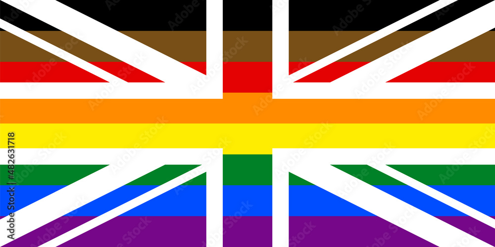 UK Pride Flag. Union Jack with Progress Pride Rainbow Flag Colours