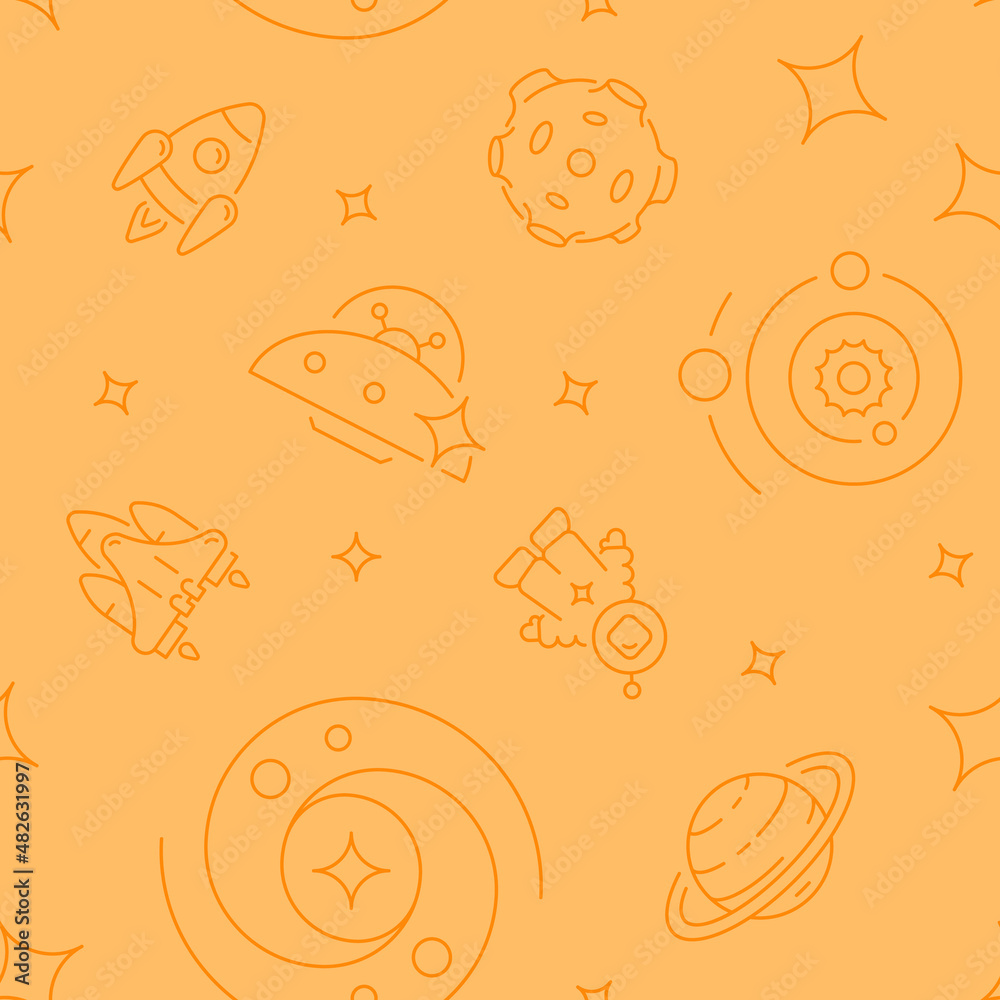Interplanetary space abstract seamless pattern. Vector shapes on orange background. Trendy texture with cartoon color icons. Design with graphic elements for interior, fabric, website decoration