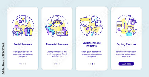Reasons to gamble onboarding mobile app screen. Compulsive psychology walkthrough 4 steps graphic instructions pages with linear concepts. UI, UX, GUI template. Myriad Pro-Bold, Regular fonts used © bsd studio