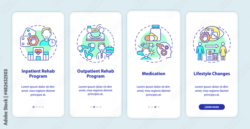 Gambling addiction treatment onboarding mobile app screen. Rehab walkthrough 4 steps graphic instructions pages with linear concepts. UI, UX, GUI template. Myriad Pro-Bold, Regular fonts used