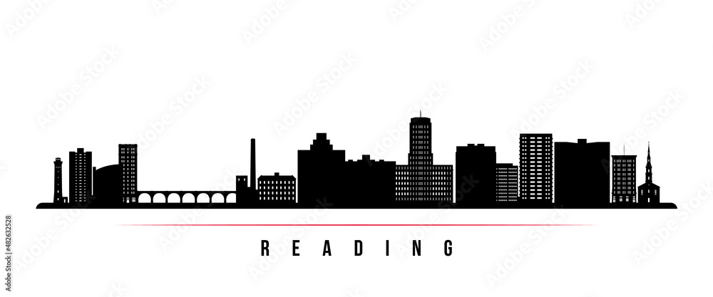 Reading skyline horizontal banner. Black and white silhouette of Reading, Pennsylvania. Vector template for your design.