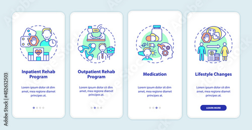 Gambling addiction treatment onboarding mobile app screen. Rehab walkthrough 4 steps graphic instructions pages with linear concepts. UI, UX, GUI template. Myriad Pro-Bold, Regular fonts used