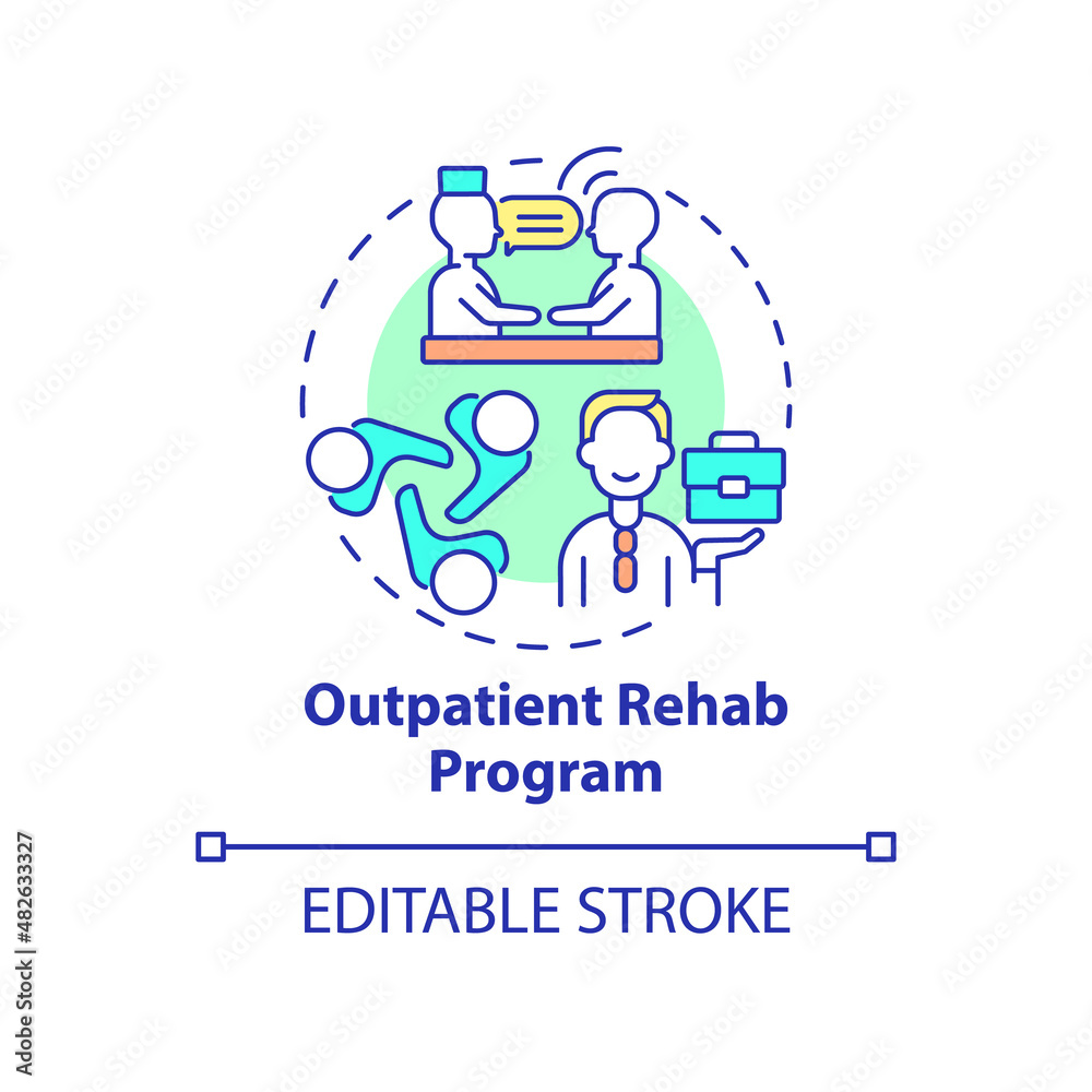 Outpatient rehab program concept icon. Support group. Gambling addiction abstract idea thin line illustration. Isolated outline drawing. Editable stroke. Arial, Myriad Pro-Bold fonts used
