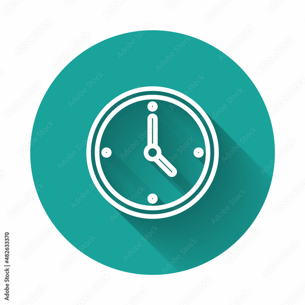 White line Clock icon isolated with long shadow. Time symbol. Green circle button. Vector White line Clock icon isolated with long shadow. Time symbol. Green circle button. Vector